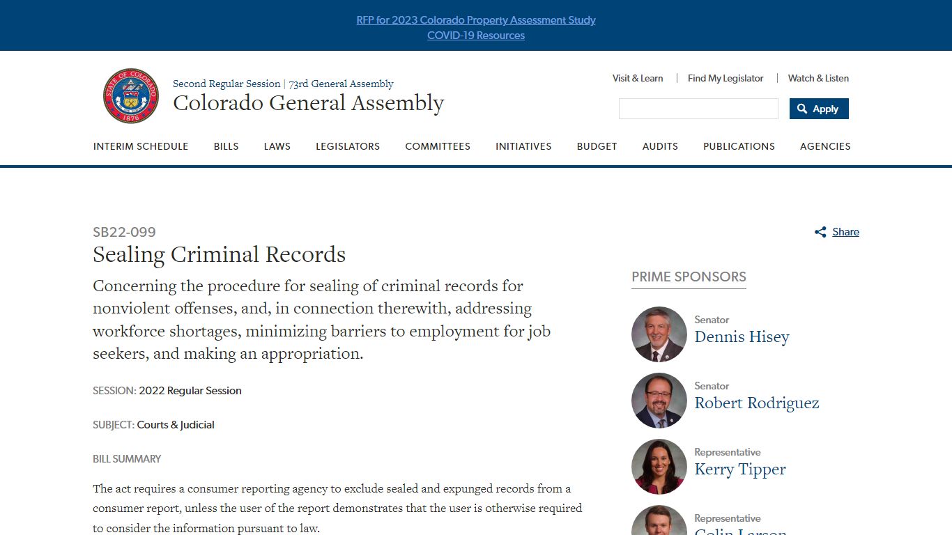 Sealing Criminal Records | Colorado General Assembly