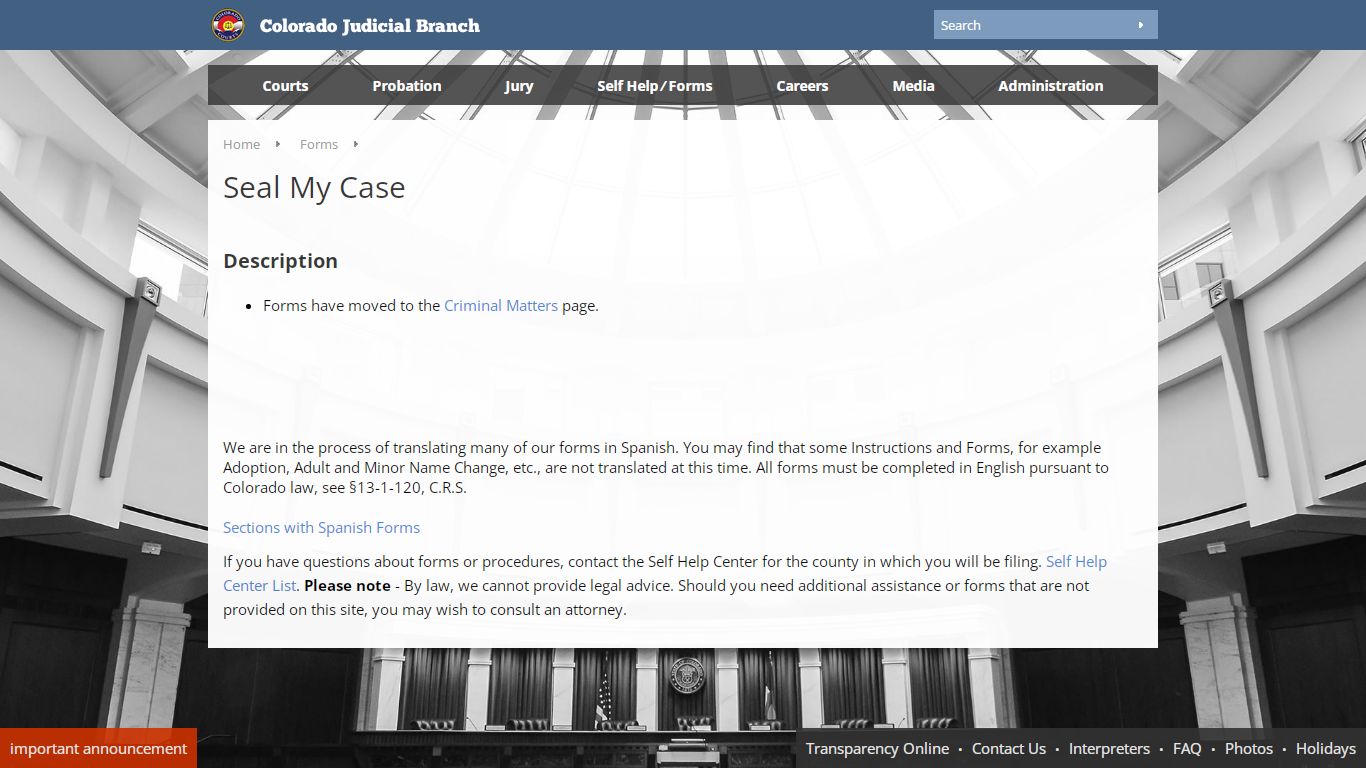 Colorado Judicial Branch - Self Help - Forms - Seal My Case Seal My Case